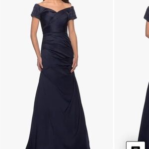 La Femme Navy Off-Shoulder Prom Dress